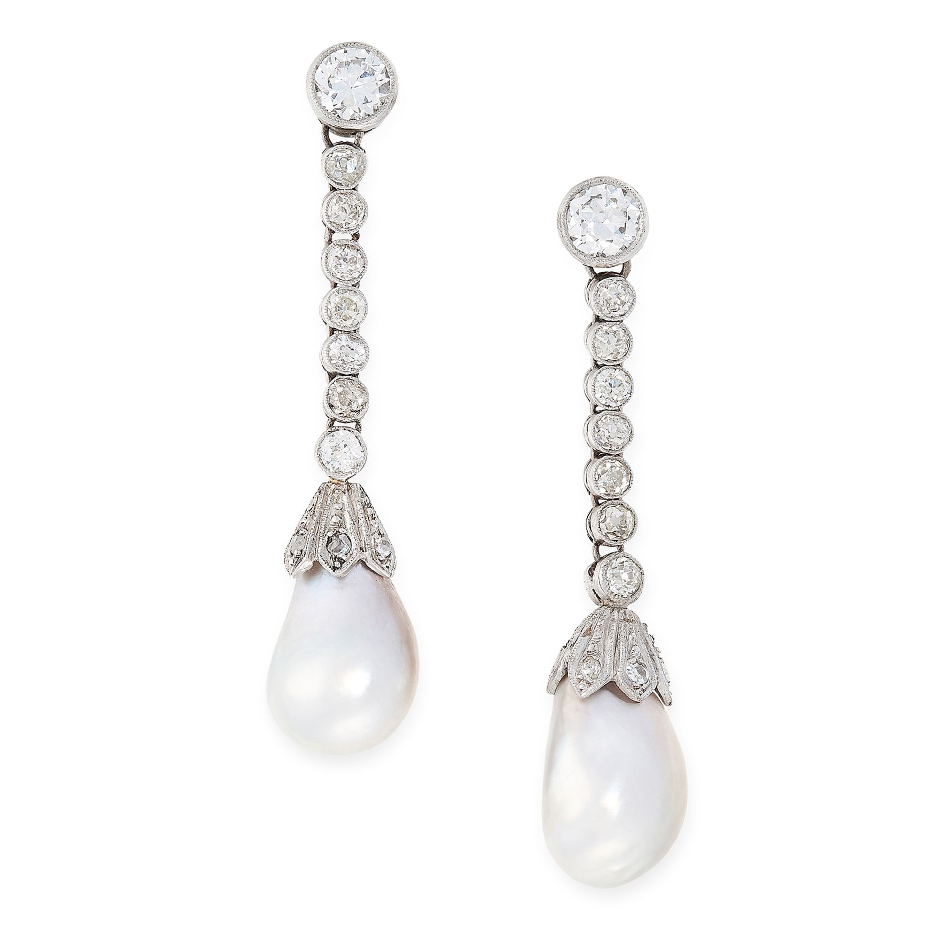 A PAIR OF NATURAL PEARL AND DIAMOND EARRINGS, EARLY 20TH CENTURY in 18ct white gold and platinum,