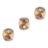 A VINTAGE RUBY AND DIAMOND DRESS STUD SET comprising a trio of dress studs, each formed of an