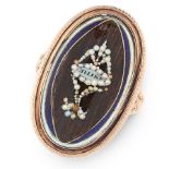 AN ANTIQUE PEARL, ENAMEL AND HAIRWORK MOURNING RING, CIRCA 1792 in high carat yellow gold, the