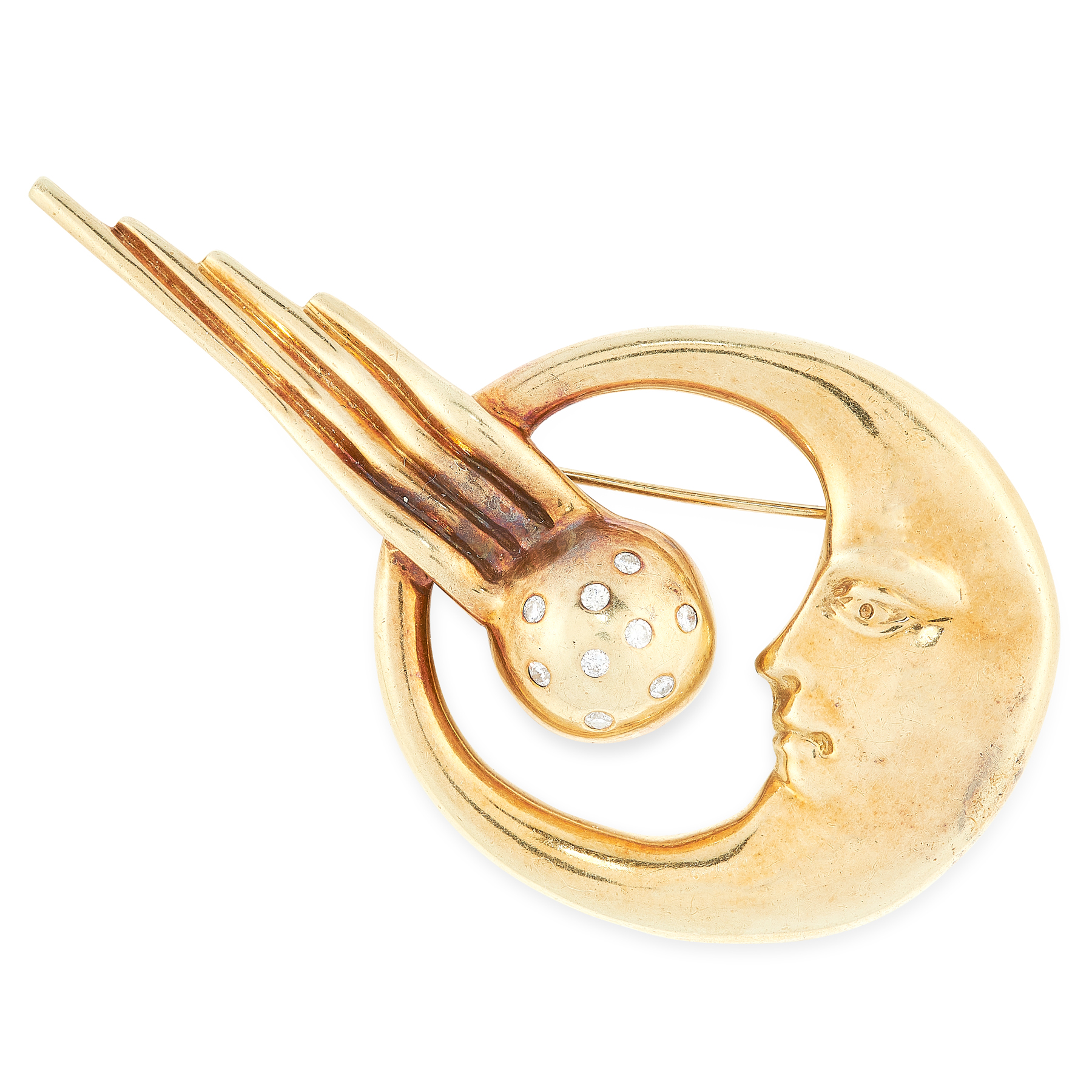 A VINTAGE DIAMOND MAN IN THE MOON BROOCH in 14ct yellow gold, designed as the face of a man in a