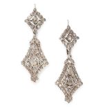 A PAIR OF ANTIQUE DIAMOND EARRINGS, CIRCA 1800 in silver, the tapering, articulated bodies set