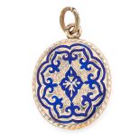 AN ANTIQUE ENAMEL AND HAIRWORK MOURNING LOCKET PENDANT in yellow gold, the oval body decorated to