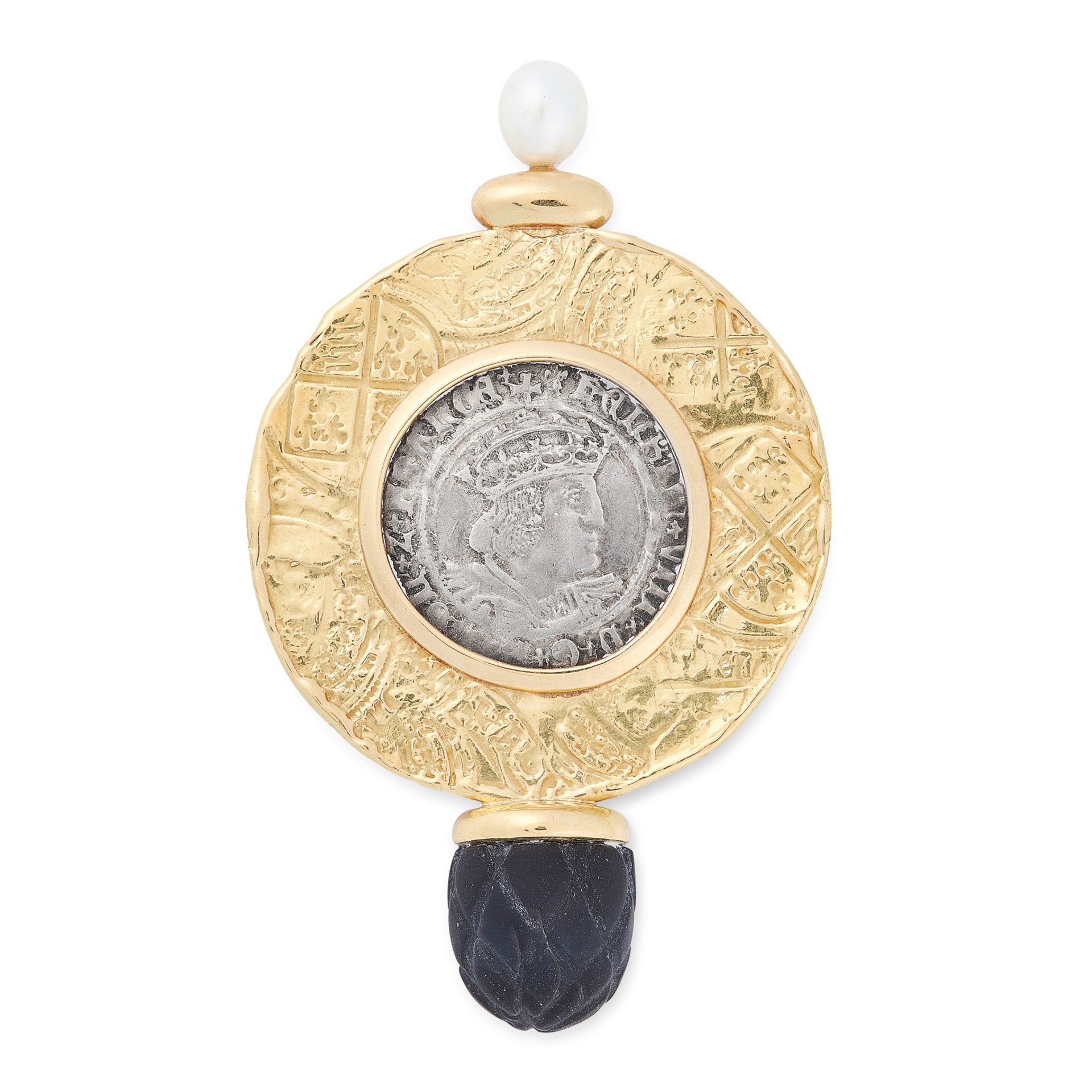 A TUDOR COIN, PEARL AND BLACK HARDSTONE BROOCH, ELIZABETH GAGE, 1993 in 18ct yellow gold, comprising