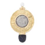 A TUDOR COIN, PEARL AND BLACK HARDSTONE BROOCH, ELIZABETH GAGE, 1993 in 18ct yellow gold, comprising