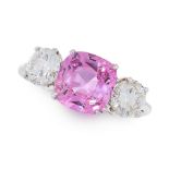 AN UNHEATED PINK SAPPHIRE AND DIAMOND RING in 18ct white gold, set with a cushion cut pink