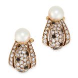 A PAIR OF VINTAGE PEARL, ONYX AND DIAMOND EARRINGS, CARTIER in 18ct yellow gold, each designed as