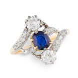 AN ANTIQUE SAPPHIRE AND DIAMOND RING in high carat yellow gold, set with a central cushion cut