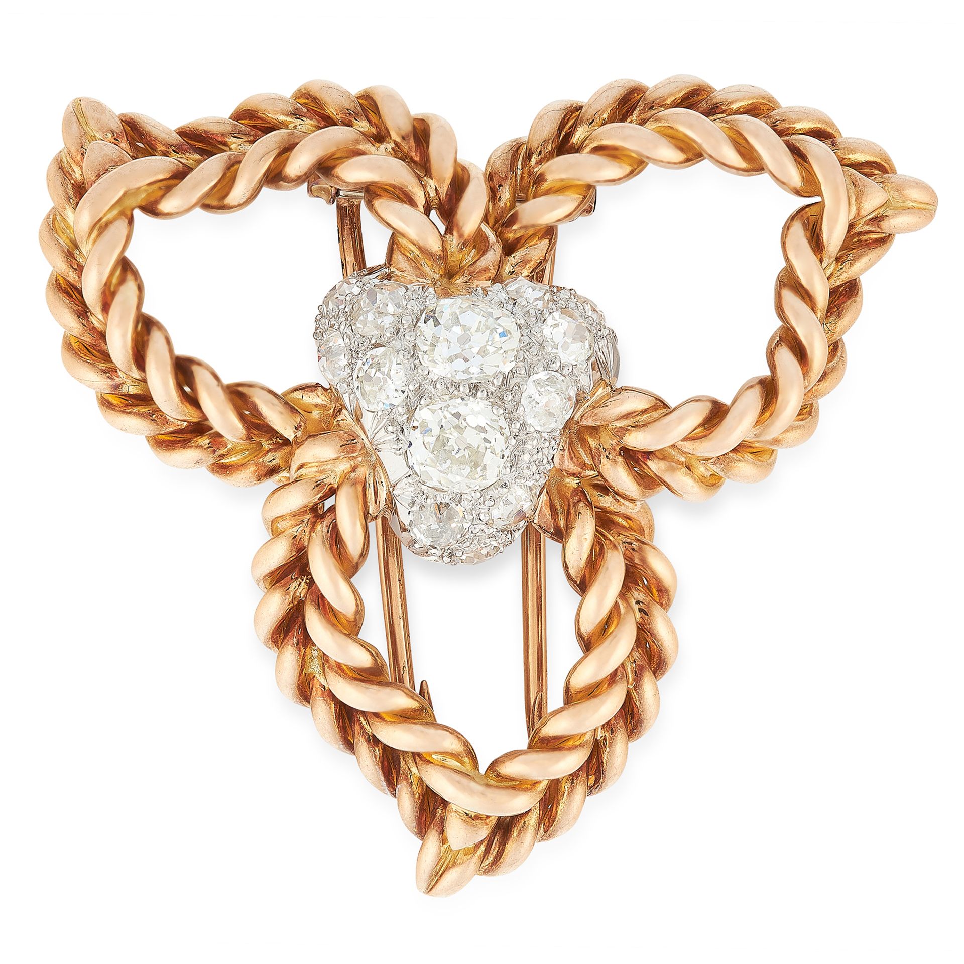 A VINTAGE DIAMOND BROOCH, STERLE in 18ct yellow gold, formed of a trio of twisted rope motifs,