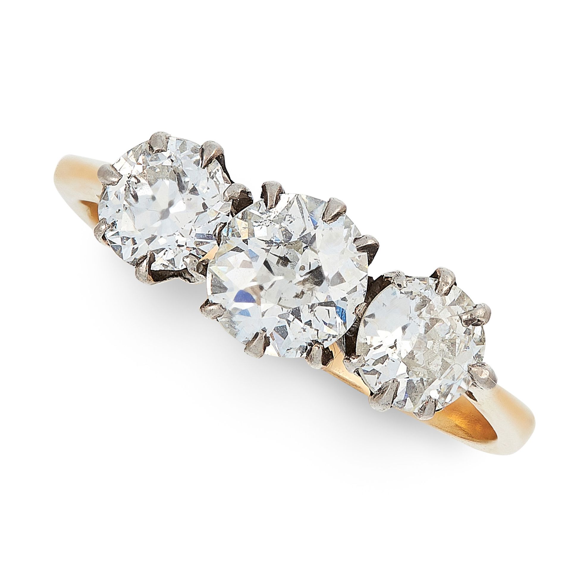 A DIAMOND THREE STONE RING, EARLY 20TH CENTURY in high carat yellow gold, set with a trio of old cut