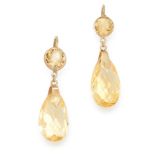 A PAIR OF CITRINE DROP EARRINGS in yellow gold, each set with a pear shaped briolette citrine