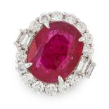 AN UNHEATED RUBY AND DIAMOND RING in platinum, set with an oval cut ruby of 6.12 carats, within a