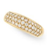 A DIAMOND BAND RING in 18ct yellow gold, the tapering band set with three rows of round cut diamonds