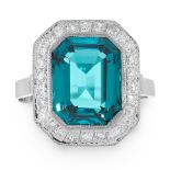 A TOURMALINE AND DIAMOND RING in 14ct white gold, set with an emerald cut tourmaline of 4.15 carats,