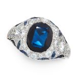 AN ART DECO SAPPHIRE AND DIAMOND RING set with a cushion cut sapphire of 2.21 carats within a