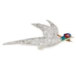 A VINTAGE DIAMOND AND ENAMEL PHEASANT BROOCH designed as a pheasant in flight, the body jewelled