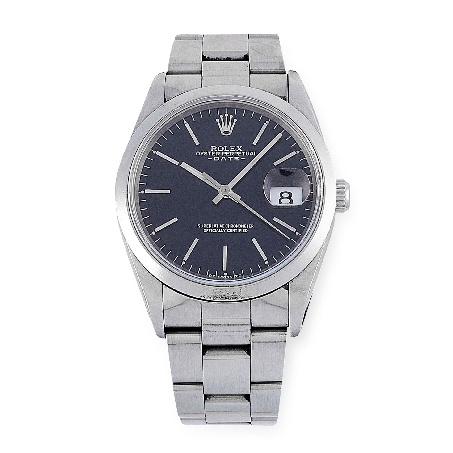 A ROLEX OYSTER PERPETUAL DATE WRIST WATCH in stainless steel, automatic movement, 34mm case, black