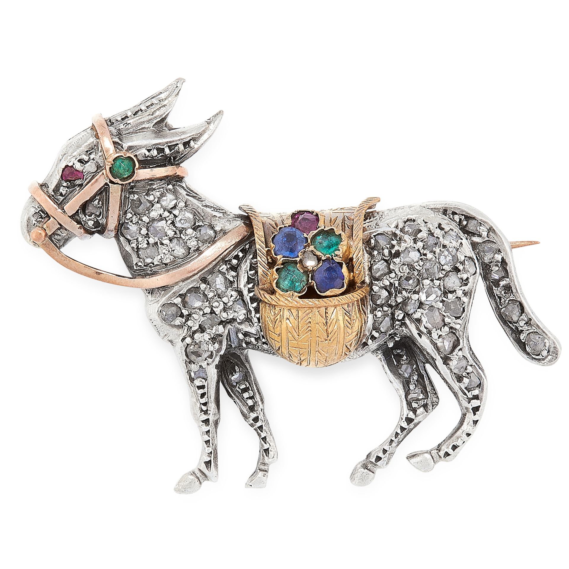 AN ANTIQUE GEMSET DONKEY BROOCH, 19TH CENTURY in yellow gold and silver, designed as a donkey /