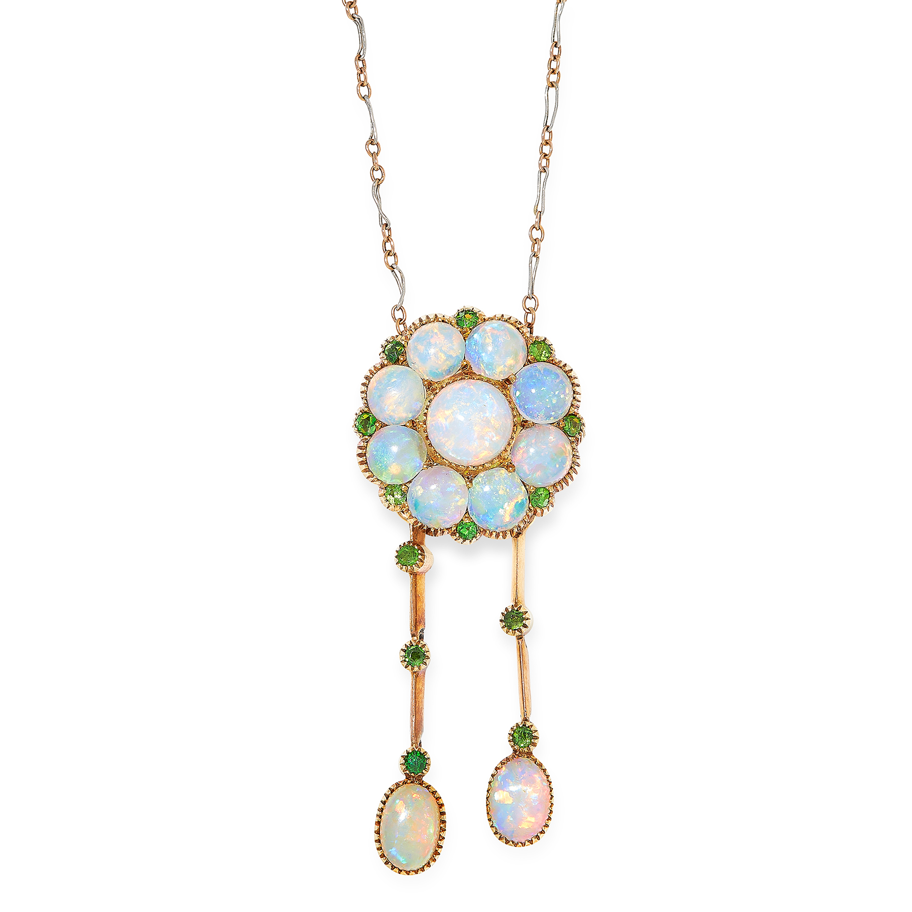 AN ANTIQUE OPAL AND DEMANTOID GARNET LAVALIER NECKLACE, EARLY 20TH CENTURY in 15ct yellow gold and