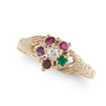 A GEMSET REGARD FEDE RING in yellow gold, the central flower motif set with round cut ruby, emerald,