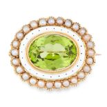 AN ANTIQUE PERIDOT, PEARL AND ENAMEL BROOCH in 15ct yellow gold, set with an oval cut peridot of 4.