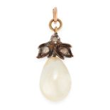 AN ANTIQUE NATURAL PEARL AND DIAMOND PENDANT in yellow gold and silver, set with a drop shaped pearl