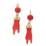 A PAIR OF ANTIQUE CORNICELLO CORAL HAND EARRINGS in yellow gold, each set with a carved coral