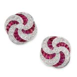 A PAIR OF RUBY AND DIAMOND STUD EARRINGS in 18ct white gold, each of quatrefoil design, with