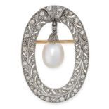 A PEARL AND DIAMOND BROOCH, EARLY 20TH CENTURY of oval form, the graduated body set with old cut and