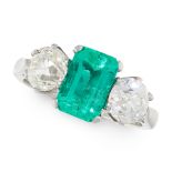A COLOMBIAN EMERALD AND DIAMOND RING in platinum, set with an emerald cut emerald of 1.75 carats