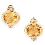 A PAIR OF VINTAGE CITRINE, SAPPHIRE AND DIAMOND CLIP EARRINGS in 18ct yellow gold, each set with