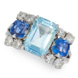 AN AQUAMARINE, SAPPHIRE AND DIAMOND RING set with an emerald cut aquamarine of 2.80 carats,