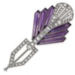 AN ART DECO AMETHYST AND DIAMOND BROOCH in platinum, designed as an arrow, set throughout with