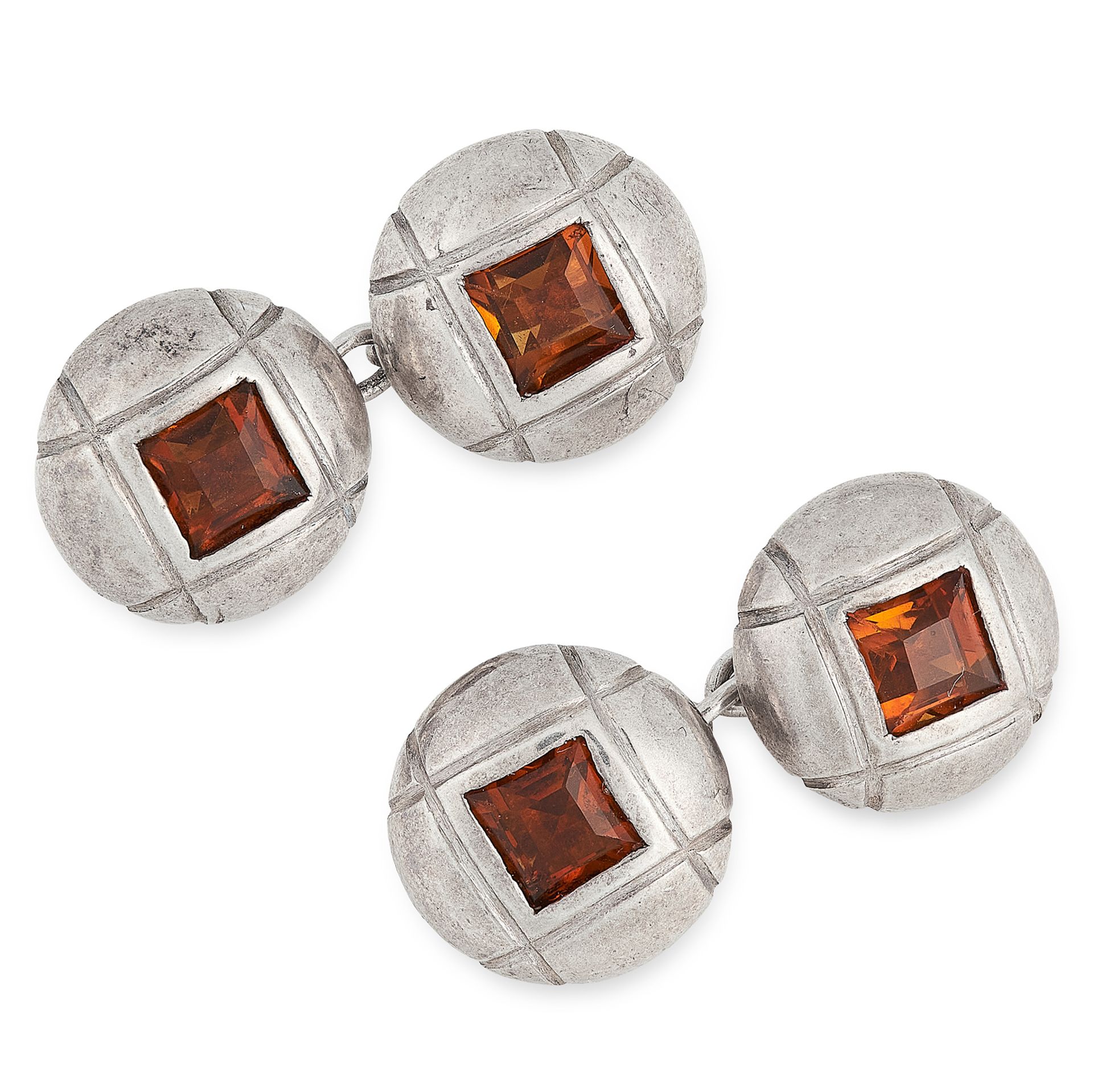 A PAIR OF VINTAGE SILVER CUFFLINKS each comprising two circular faces set with step cut citrine,