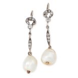 A PAIR OF NATURAL PEARL AND DIAMOND EARRINGS, EARLY 20TH CENTURY each set with a natural pearl of