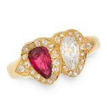 A RUBY AND DIAMOND SWEETHEART RING in high carat yellow gold, designed as two interlocking hearts,