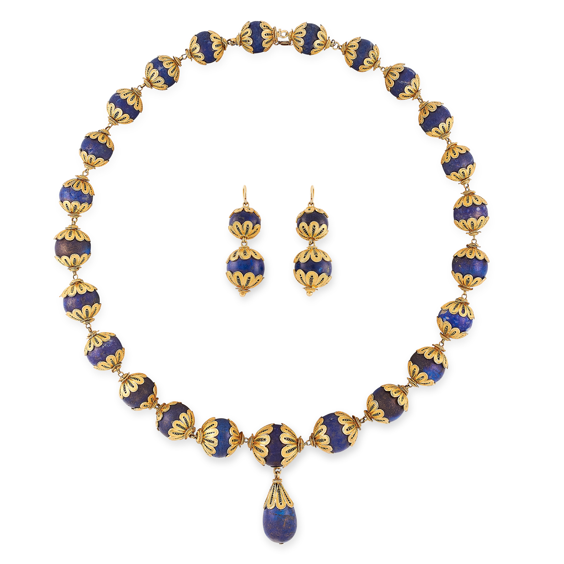 AN ANTIQUE LAPIS LAZULI BEAD NECKLACE AND EARRINGS SUITE in high carat yellow gold, the necklace