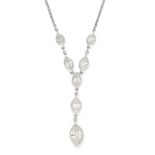 A DIAMOND NECKLACE in platinum, the chain set with four marquise cut diamonds, suspending a drop set