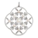 AN ART DECO PEARL AND DIAMOND PENDANT in platinum, of quatrefoil design, set with nine pearls within