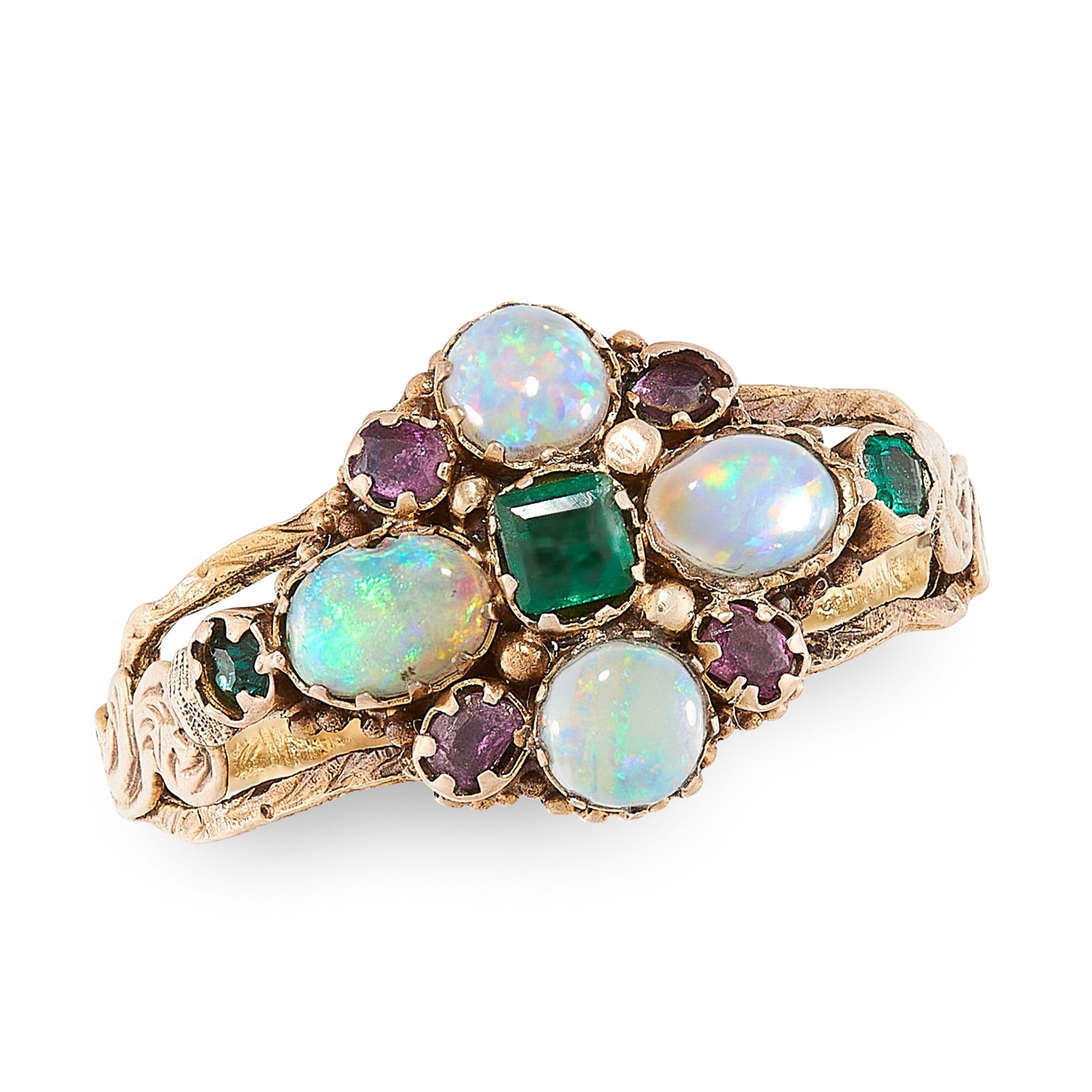 AN ANTIQUE EMERALD, OPAL AND GARNET DRESS RING, 19TH CENTURY in yellow gold, set with a trio of