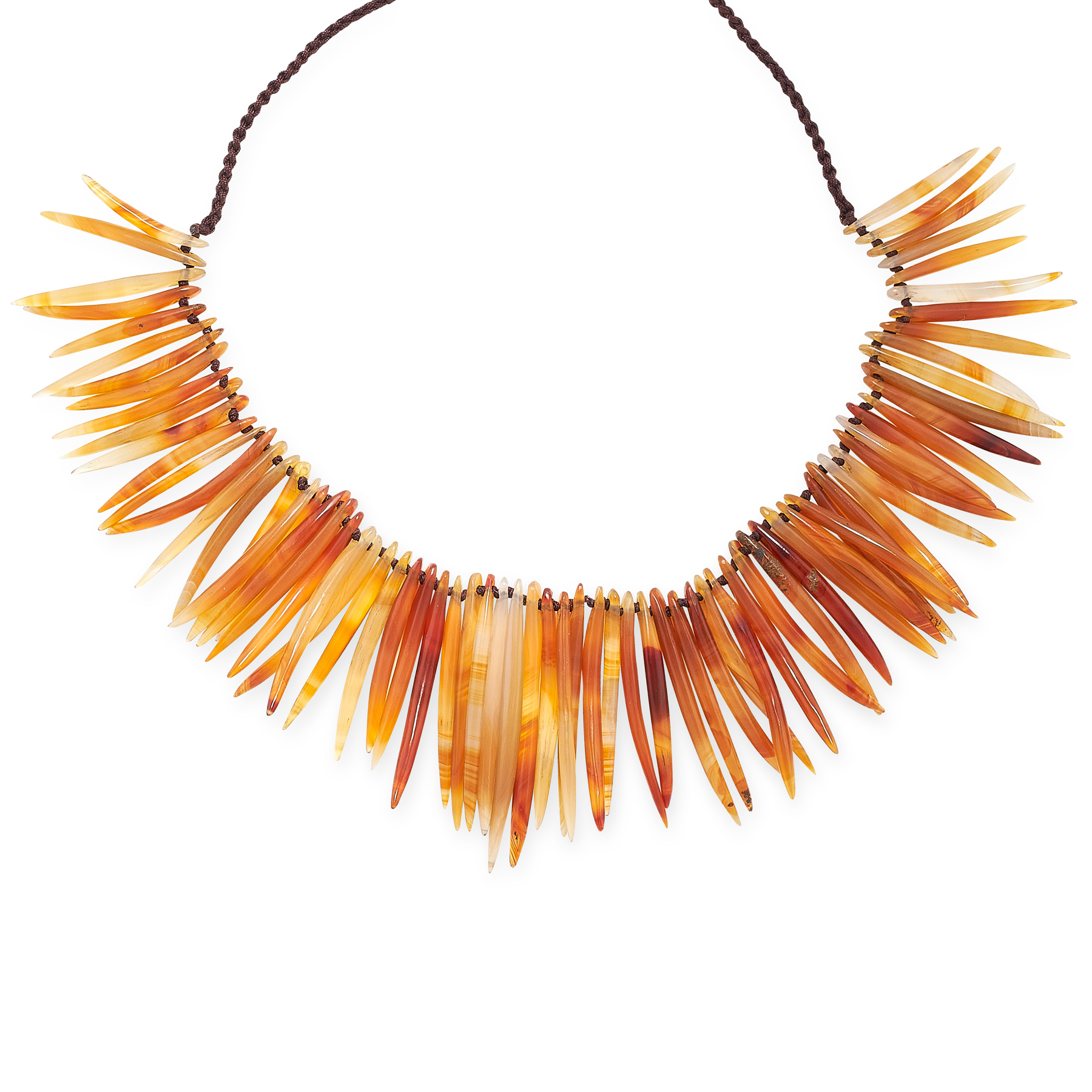 AN AGATE QUILL NECKLACE, PROBABLY TIBETAN formed of a fringe of seventy-four graduated polished