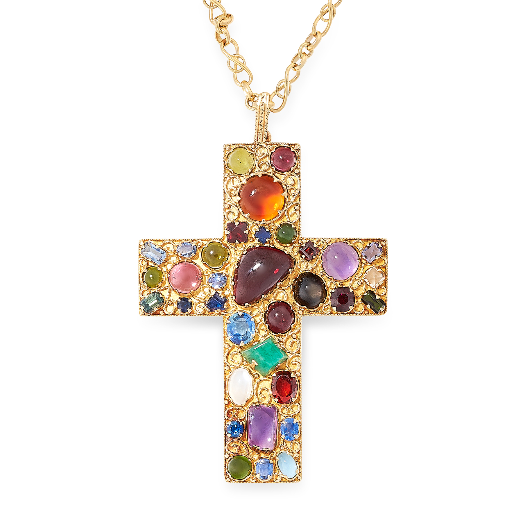 A JEWELLED CROSS PENDANT AND CHAIN in 18ct yellow gold, designed as a cross, jewelled allover with