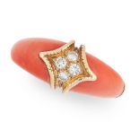 A VINTAGE CORAL AND DIAMOND RING in 18ct yellow gold, the band set with four round cut diamonds
