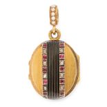 AN ANTIQUE RUBY, DIAMOND, PEARL AND ENAMEL MOURNING LOCKET PENDANT in high carat yellow gold, the