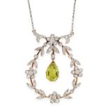 AN ART DECO PERIDOT AND DIAMOND PENDANT NECKLACE set with a pear cut peridot suspended within a