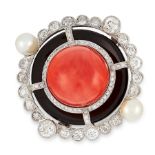 AN ART DECO CORAL, ONYX, PEARL AND DIAMOND BROOCH, EARLY 20TH CENTURY in platinum, set with a