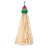 A PEARL, JADEITE, CORAL, SAPPHIRE AND DIAMOND TASSEL PENDANT comprising.a polished jadeite bead