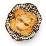 A CITRINE, PEARL AND ENAMEL RING in yellow gold, set with a cushion cut citrine within a border of