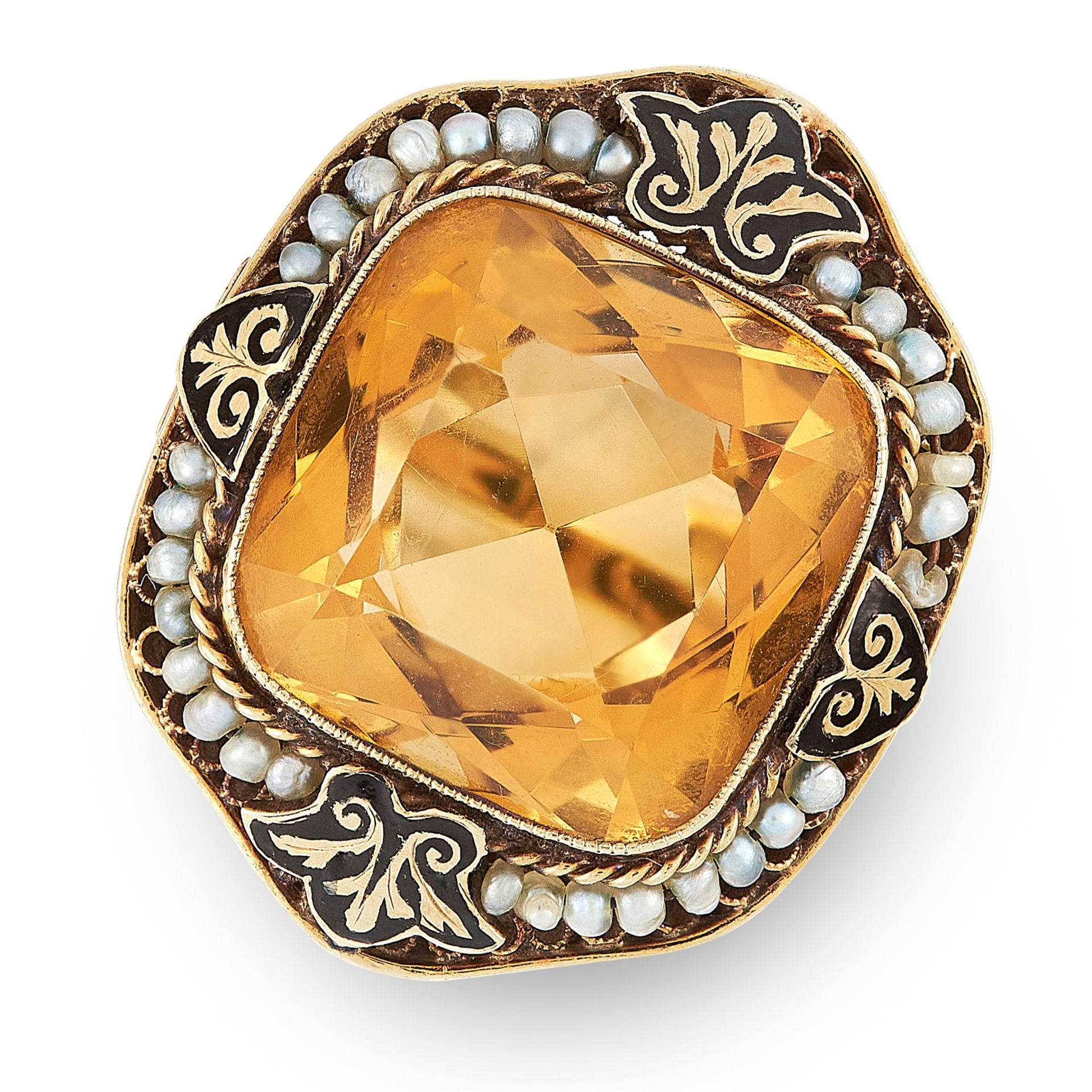 A CITRINE, PEARL AND ENAMEL RING in yellow gold, set with a cushion cut citrine within a border of