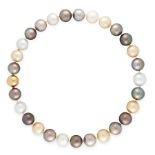 A WHITE, GREY AND GOLDEN PEARL NECKLACE in 18ct yellow gold, comprising a single row of twenty-eight