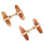 A PAIR OF VINTAGE HARDSTONE CUFFLINKS in yellow gold, each formed of two polished hardstone batons